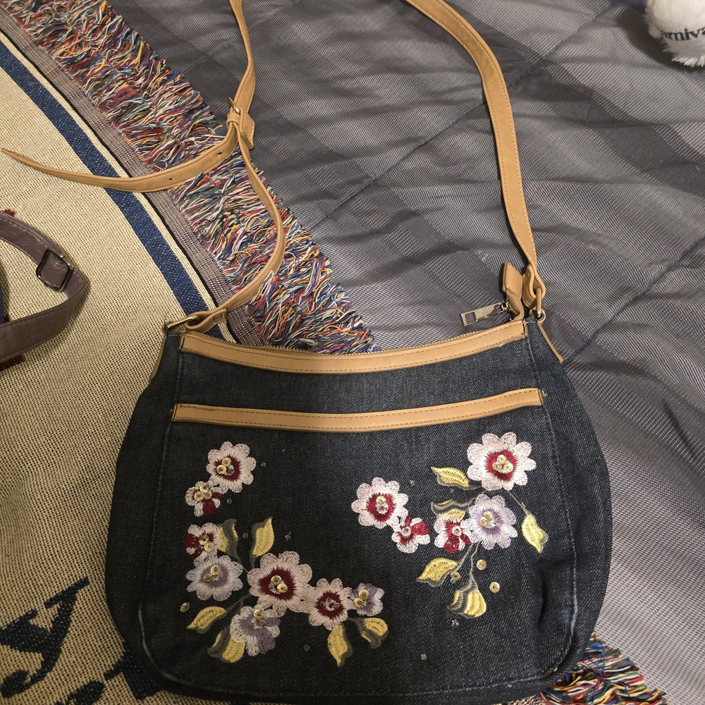 Floral Embroidered Denim Crossbody Bag with Tan Trim